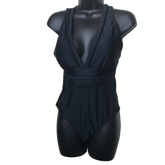 Tempt Me Black One Piece Swimsuit Sleeveless V Neck Peekaboo Panels Size Medium - Picture 1 of 6